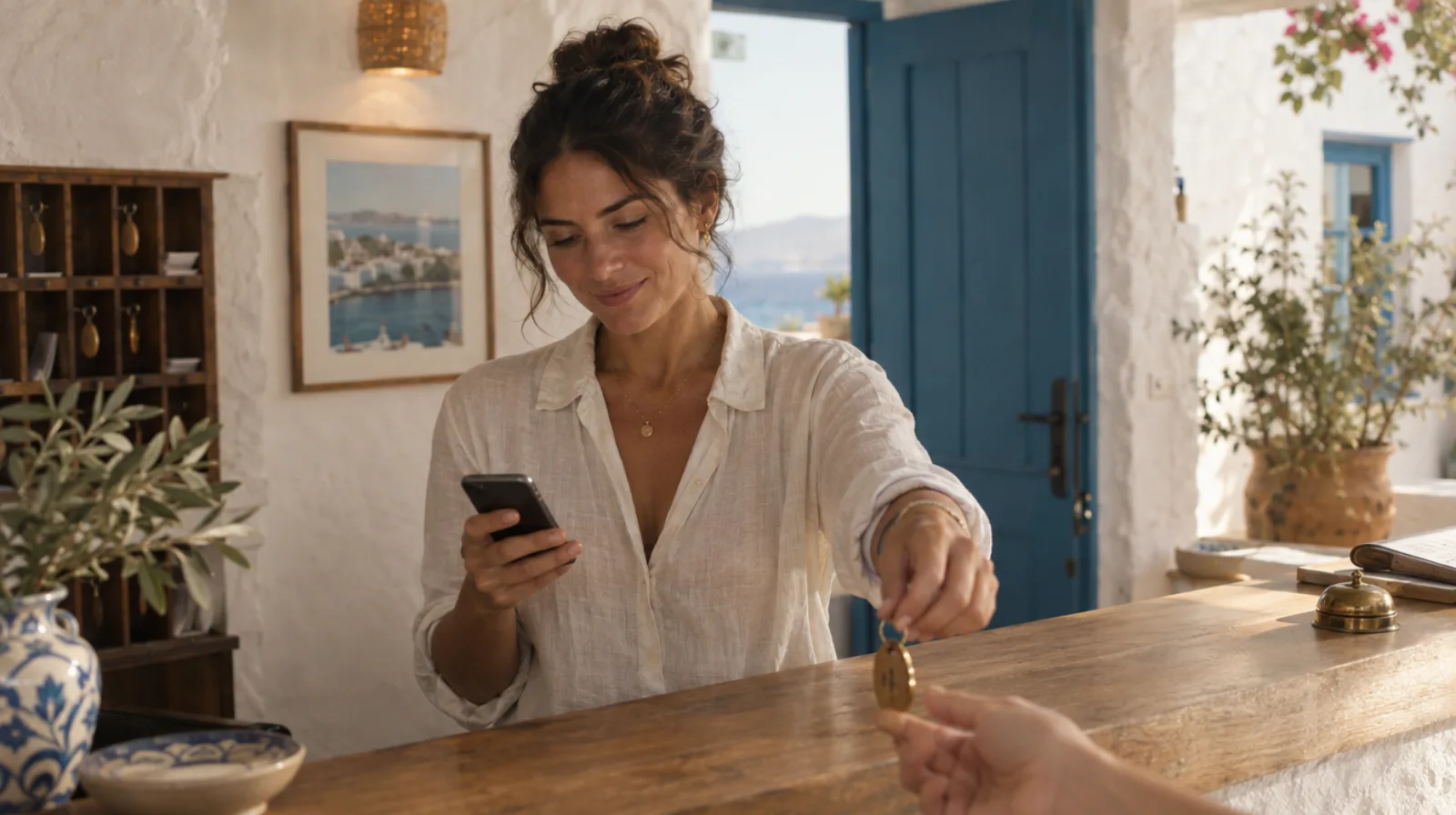 Butik otel resepsiyonunda telefonuna bakarken misafire oda anahtarı veren işletme sahibi